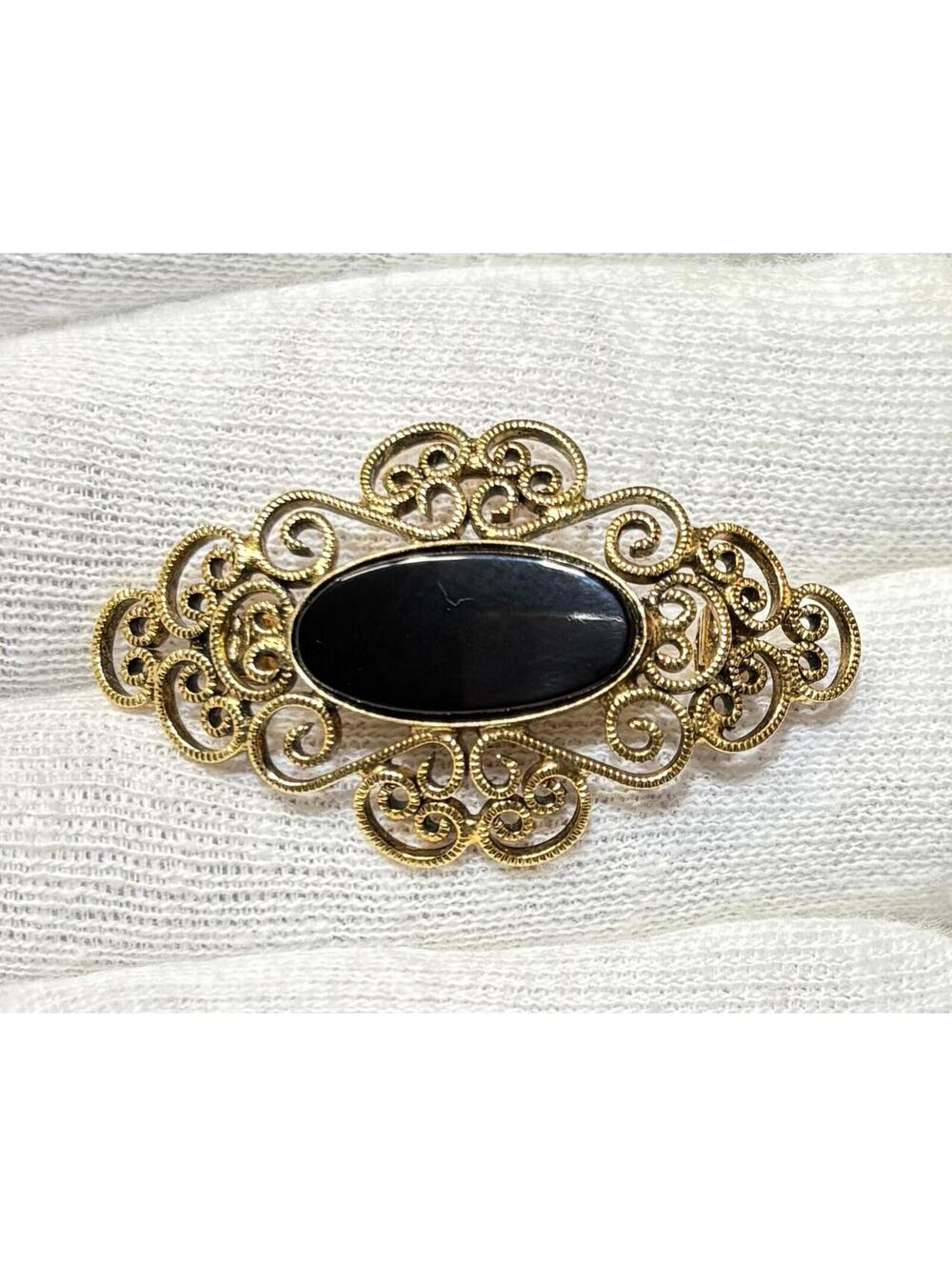 Vintage Gold Filigree Brooch Black Cabochon Victorian Style Pin